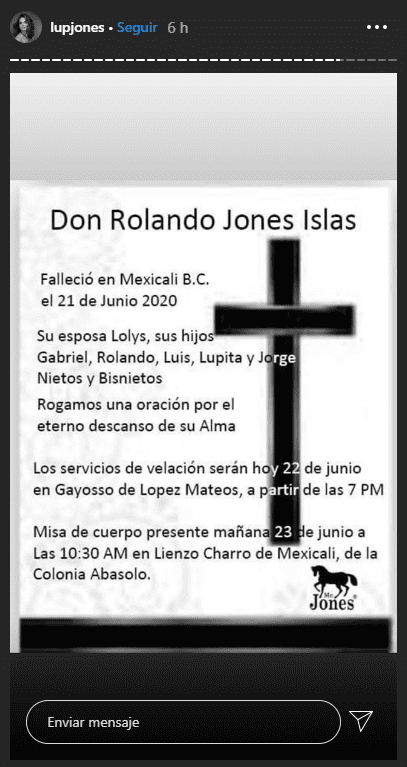 Información sobre los servicios fúnebres en honor a Jones Islas. | Foto: Instagram/lupjones
