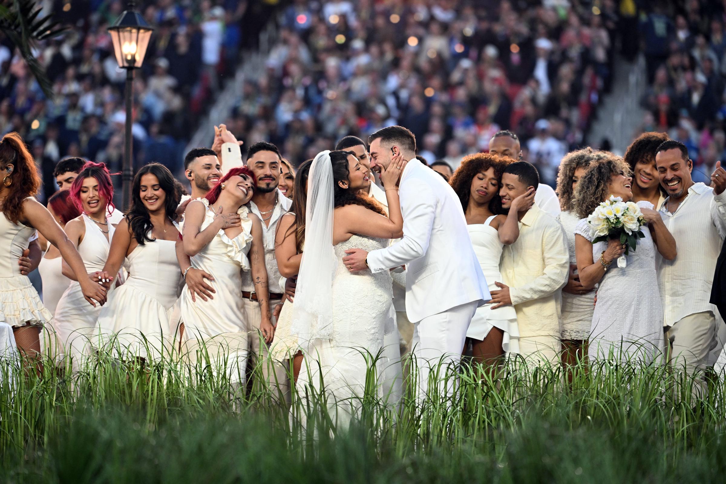 The couple who everyone saw during performance at Apple Music Super Bowl LX Halftime Show at Levi's Stadium in Santa Clara, California on February 8, 2026. | Source: Getty Images