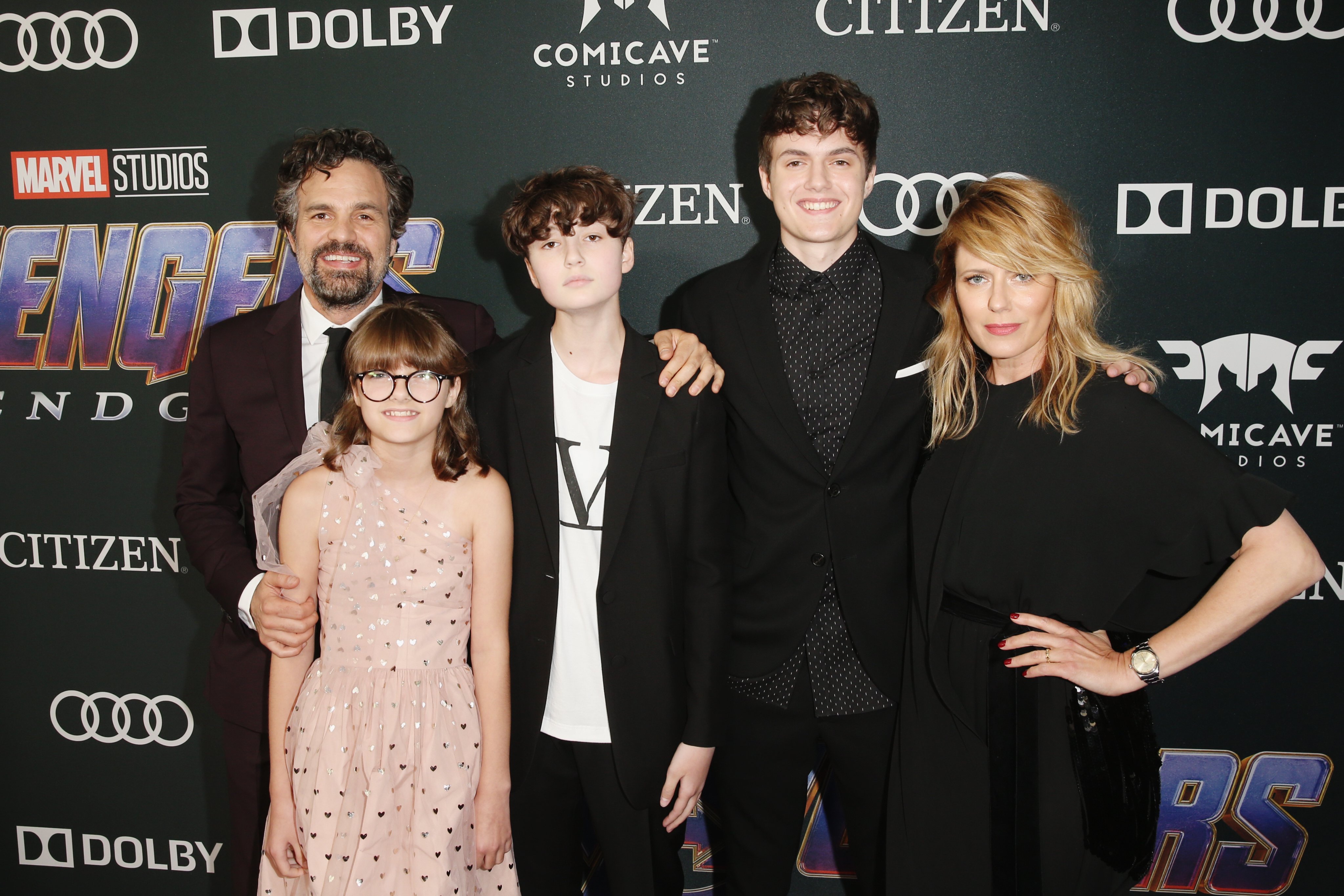 Mark Ruffalo and wife, Sunrise Coigney with their children at the Los Angeles World Premiere of Marvel Studios' "Avengers: Endgame" at the Los Angeles Convention Center on April 23, 2019 in Los Angeles, California. | Source: Getty Images