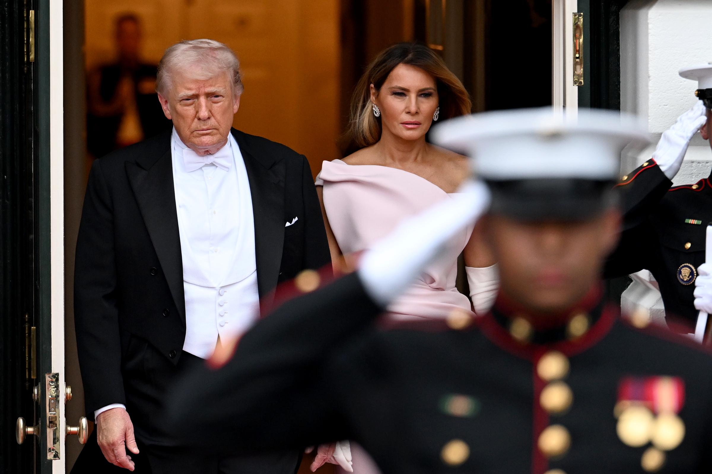 Donald Trump and Melania Trump await King Charles III and Queen Camilla for a State Dinner at the White House, April 28, 2026. | Source: Getty Images
