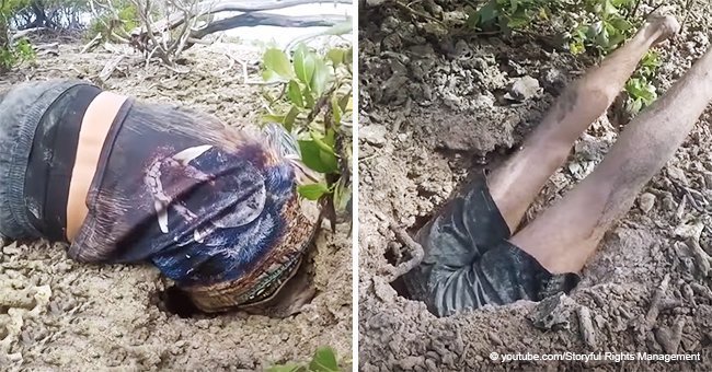 Man crawls into pit and friend shouts when he sees the creature that was pulled out (video)	