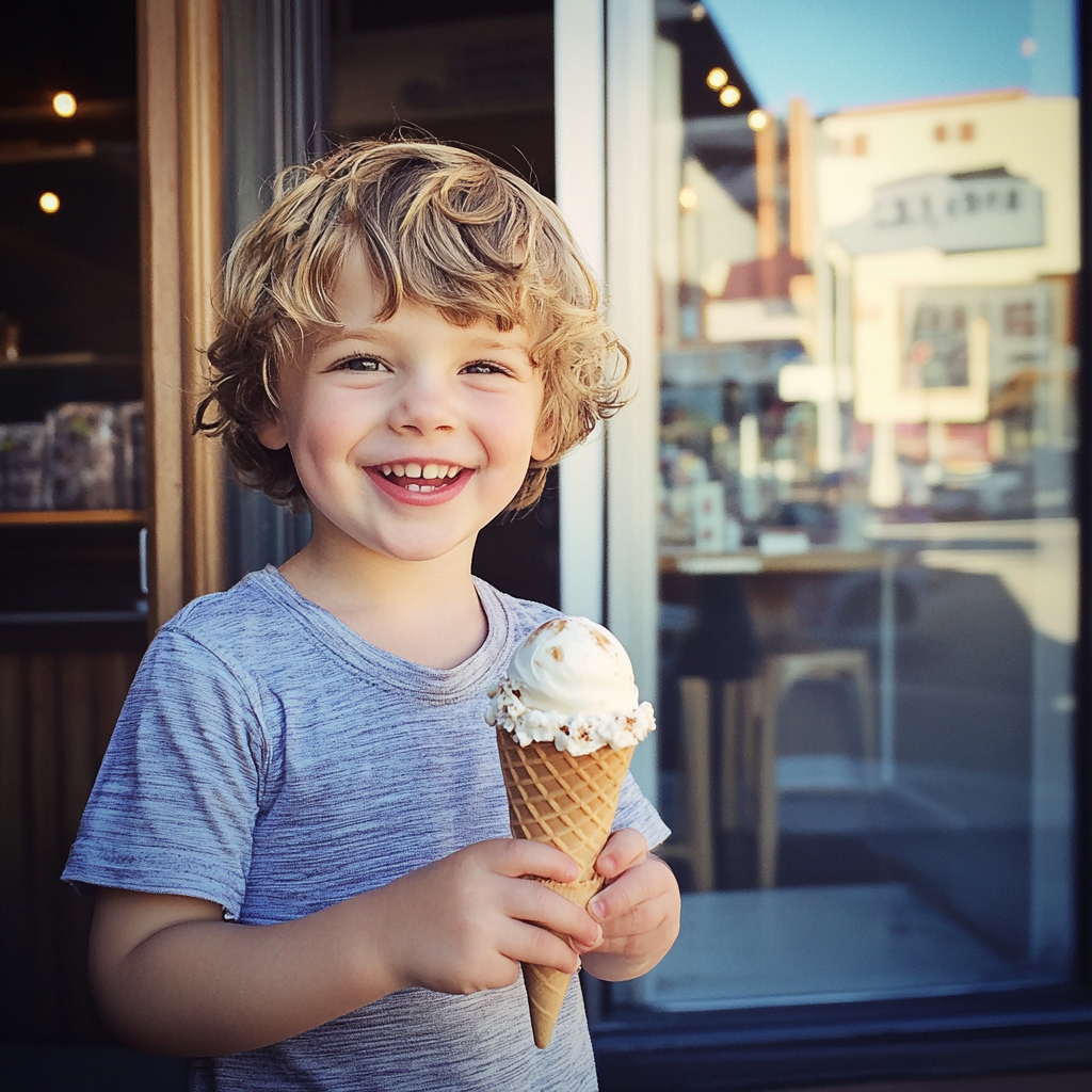 A little boy holding an ice cream cone | Source: Midjourney