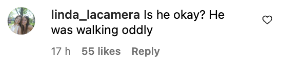 A screenshot of a comment on Instagram showing concern for Channing Tatum's peculiar gait when he attended a concert with his daughter, Everly. Source: instagram.com/people