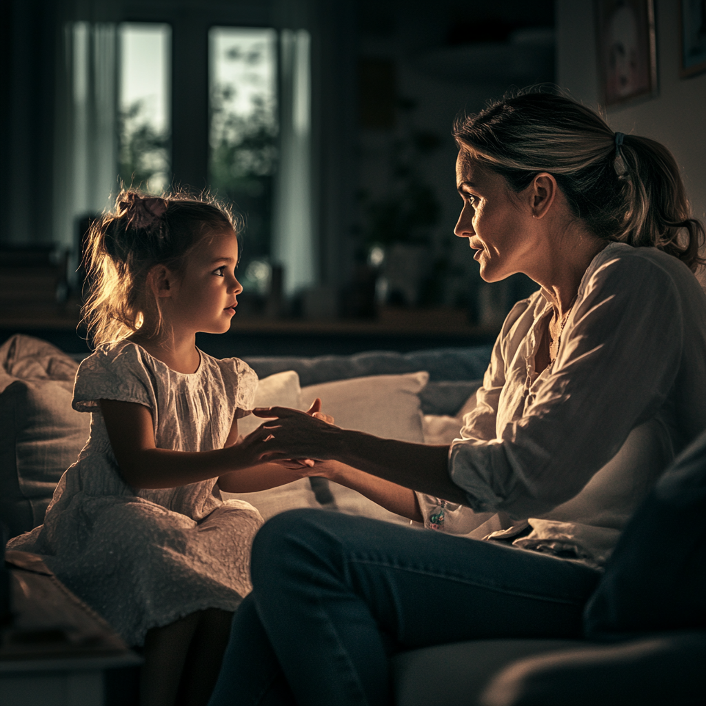 A little girl and her aunt hold hands as they talk | Source: Midjourney