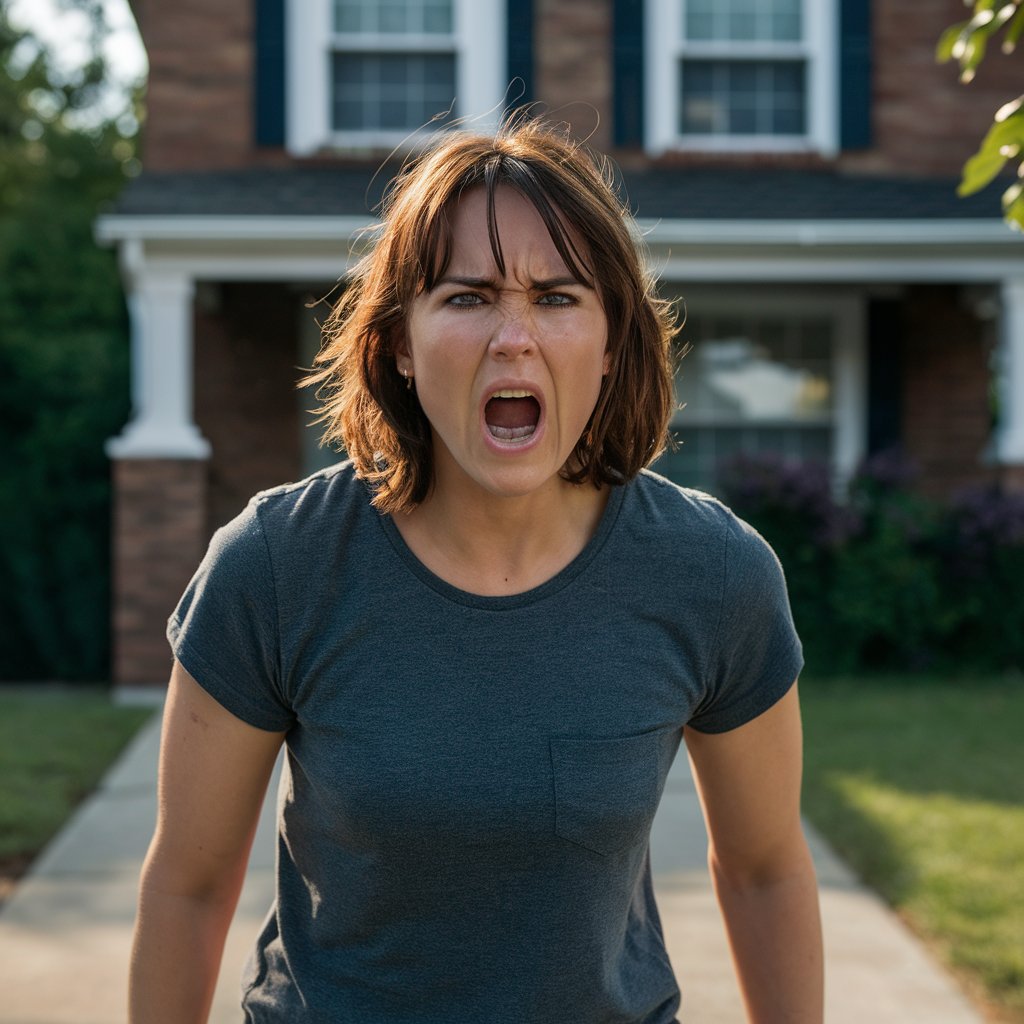 A woman out front a house, yelling angrily | Source: Midjourney