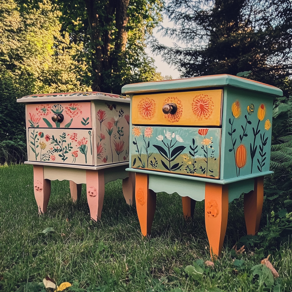 Hand-painted bedside tables outside | Source: Midjourney