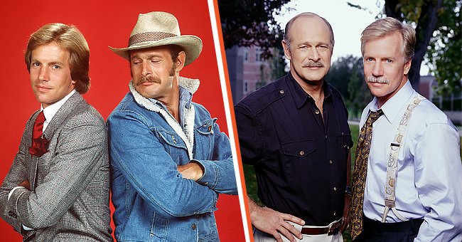 Jameson Parker and Gerald McRaney in a promotional photoshoot for "Simon & Simon," circa 1981 [left]. Jameson Parker and Gerald McRaney in promotional photoshoot for TV show "Promised Land," 1997 [right] | Photo: Getty Images