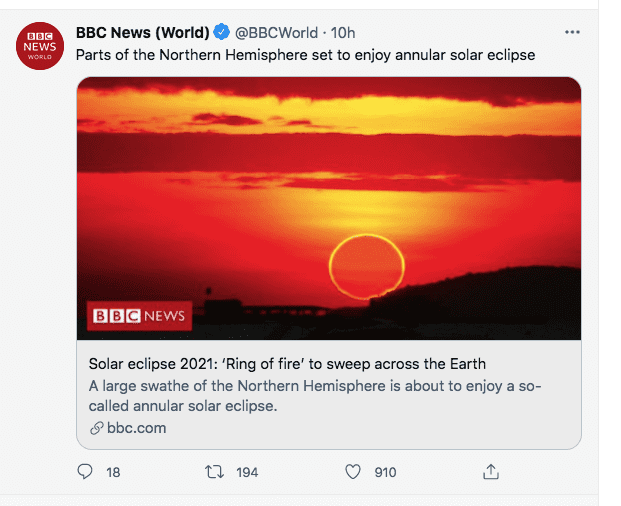 A screenshot of an annular eclipse | Photo: twitter.com/BBC News (World)