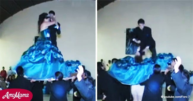 Girl’s voluminous dress goes up exposing her underwear as she falls through circle at 15th birthday party