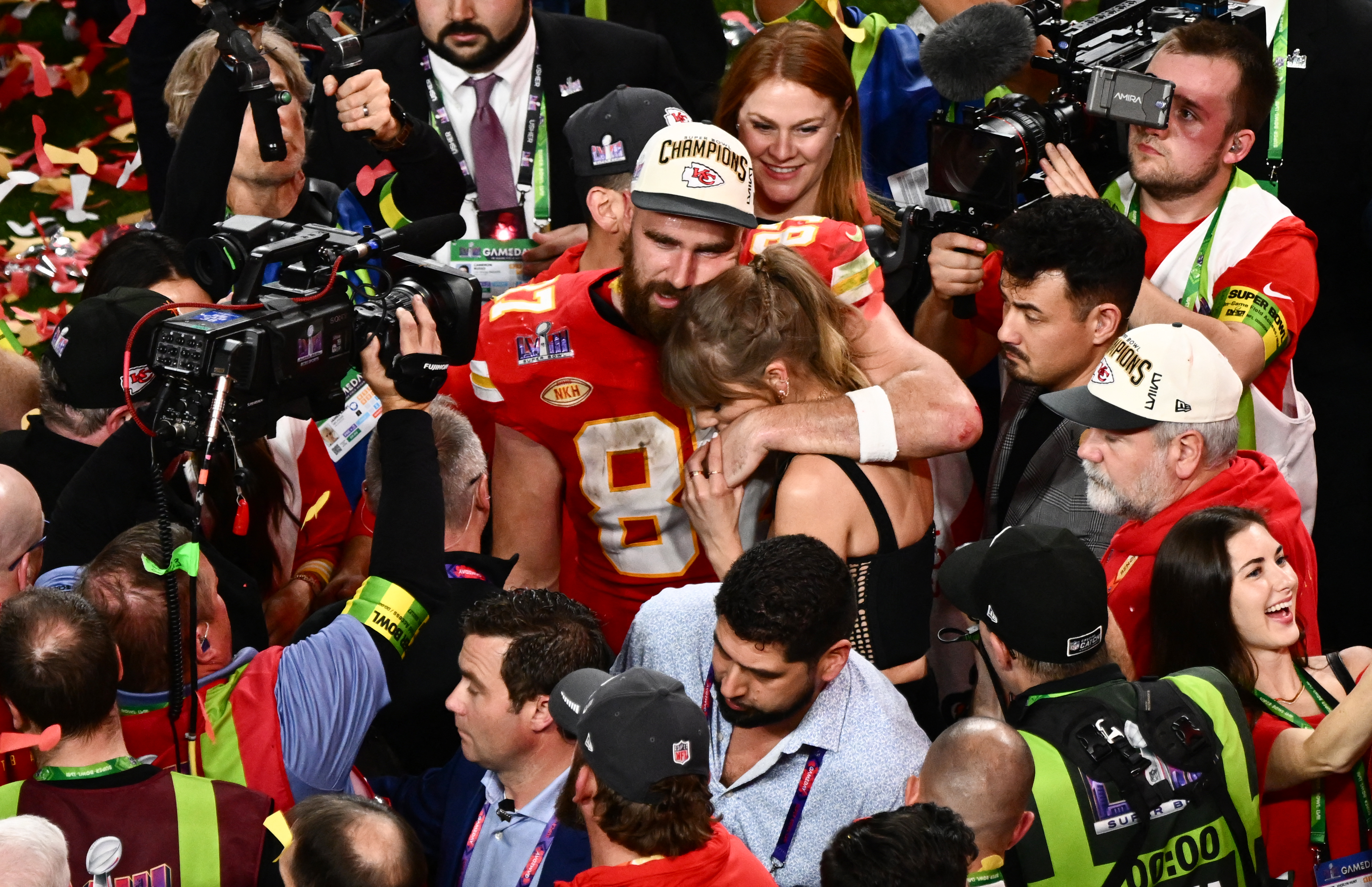 Taylor Swift and Travis Kelce after the Kansas City Chiefs won the Super Bowl LVIII against the San Francisco 49ers at Allegiant Stadium in Las Vegas, Nevada on February 11, 2024 | Source: Getty Images