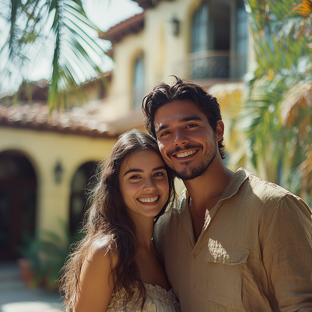 A happy couple in front of a house | Source: Midjourney