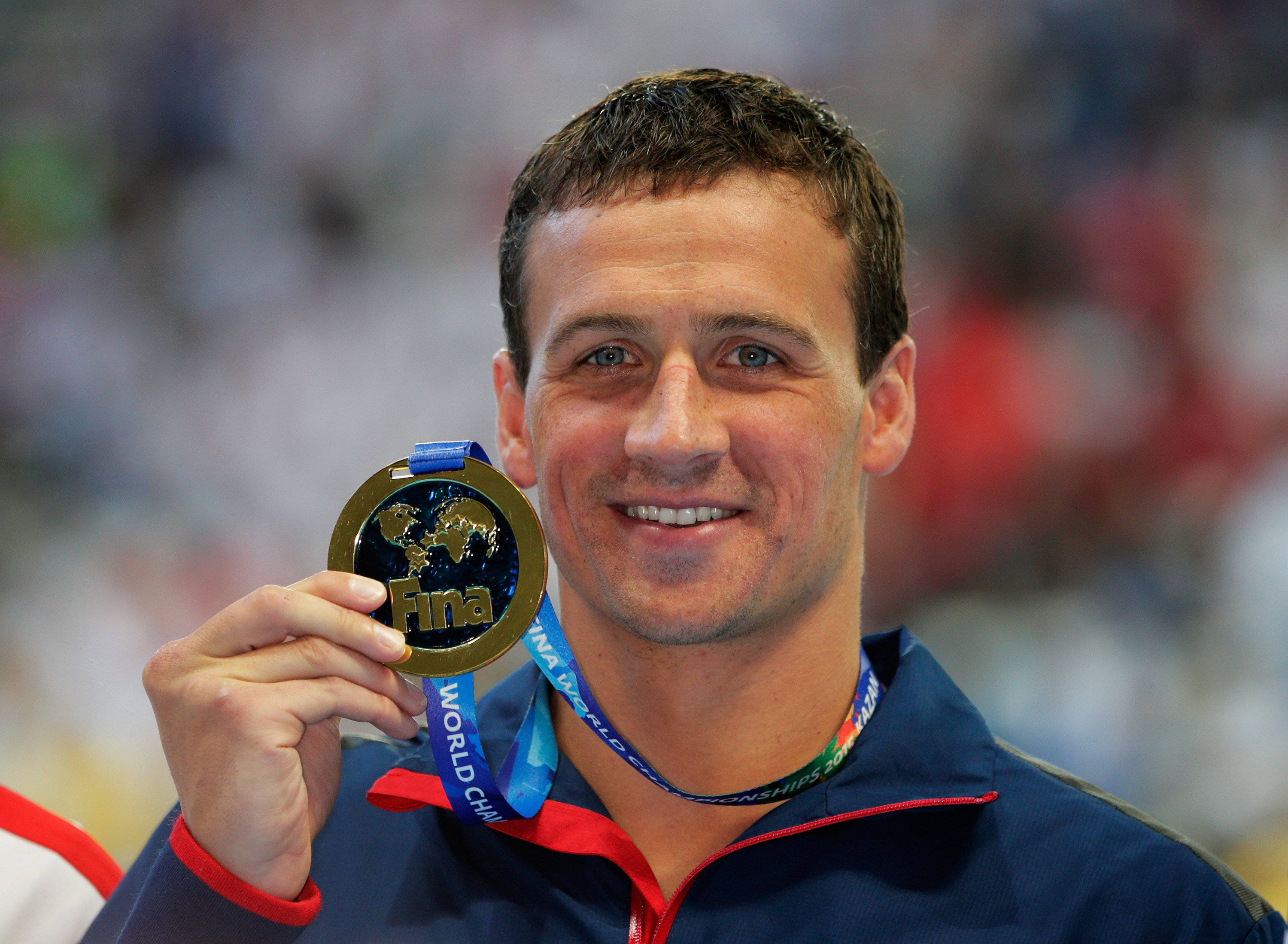 Gold medalist Ryan Lochte poses during the medal ceremony for the Men's 200m Individual Medley Final of the 16th FINA World Championships at the Kazan Arena in Russia on August 6, 2015. | Source: Getty Images