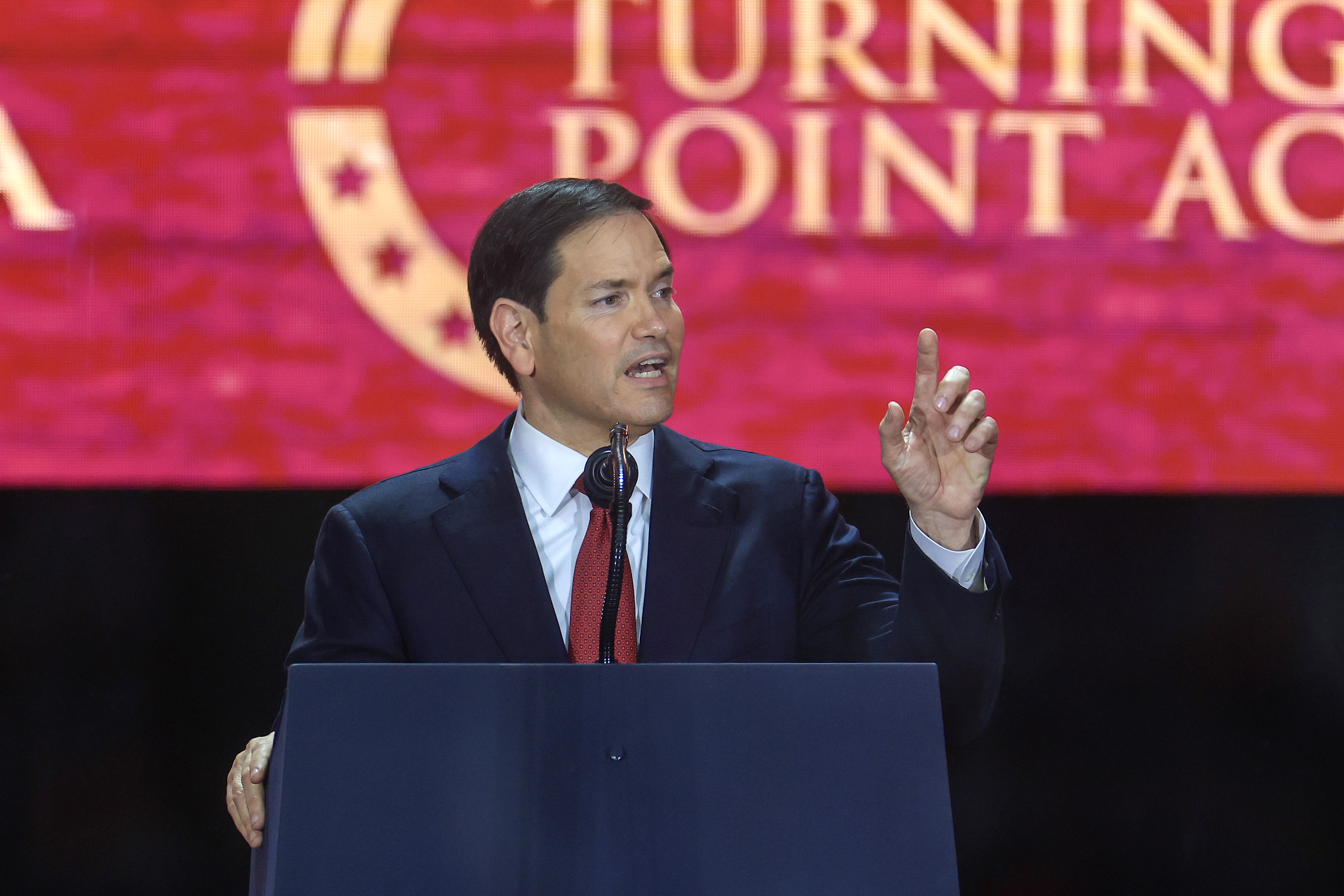 Secretary of State Marco Rubio speaks during the public memorial service for Charlie Kirk at State Farm Stadium on September 21, 2025 | Source: Getty Images