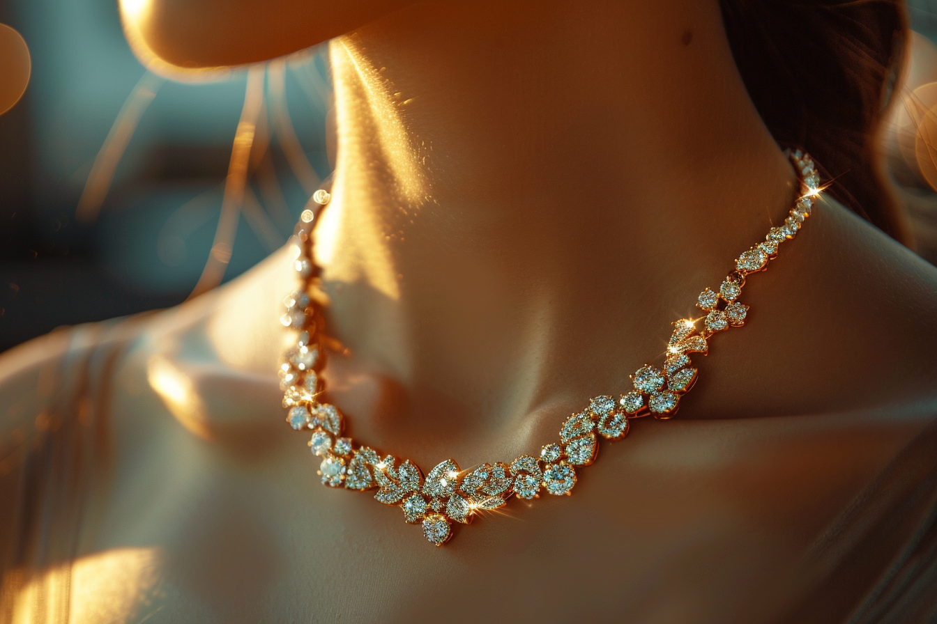 Close-up of a young woman wearing a diamond necklace | Source: Midjourney