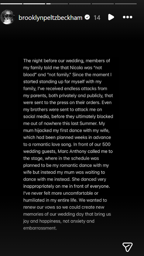 Brooklyn Beckham on how his parents hijacked his wedding day, from a post dated January 19, 2026. | Source: Instagram Stories/brooklynpeltzbeckham