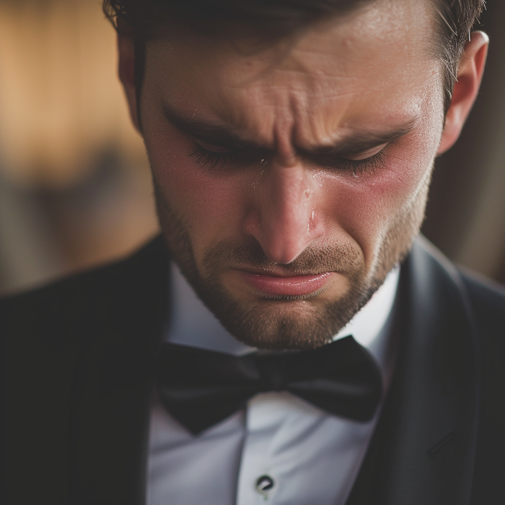 A man crying at his wedding