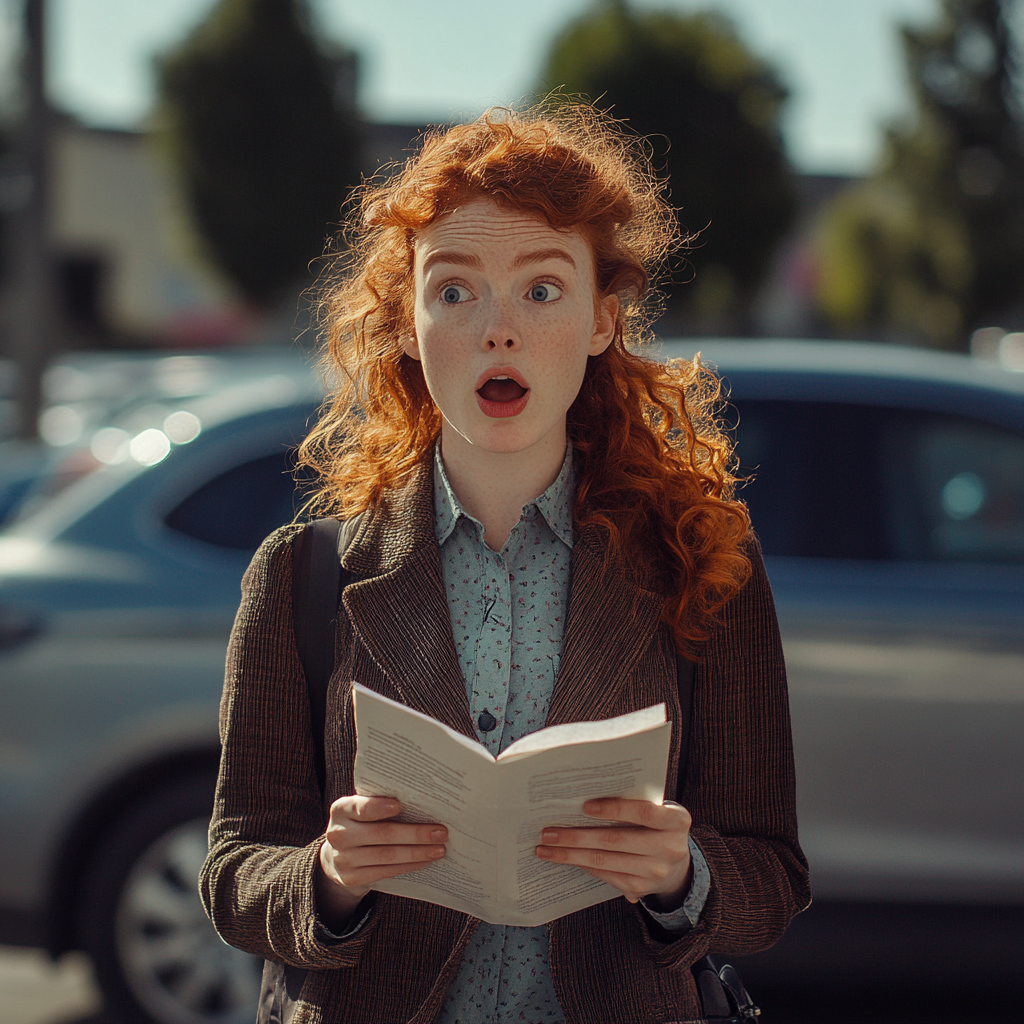 Uma mulher chocada com um bilhete em um estacionamento | Fonte: Midjourney