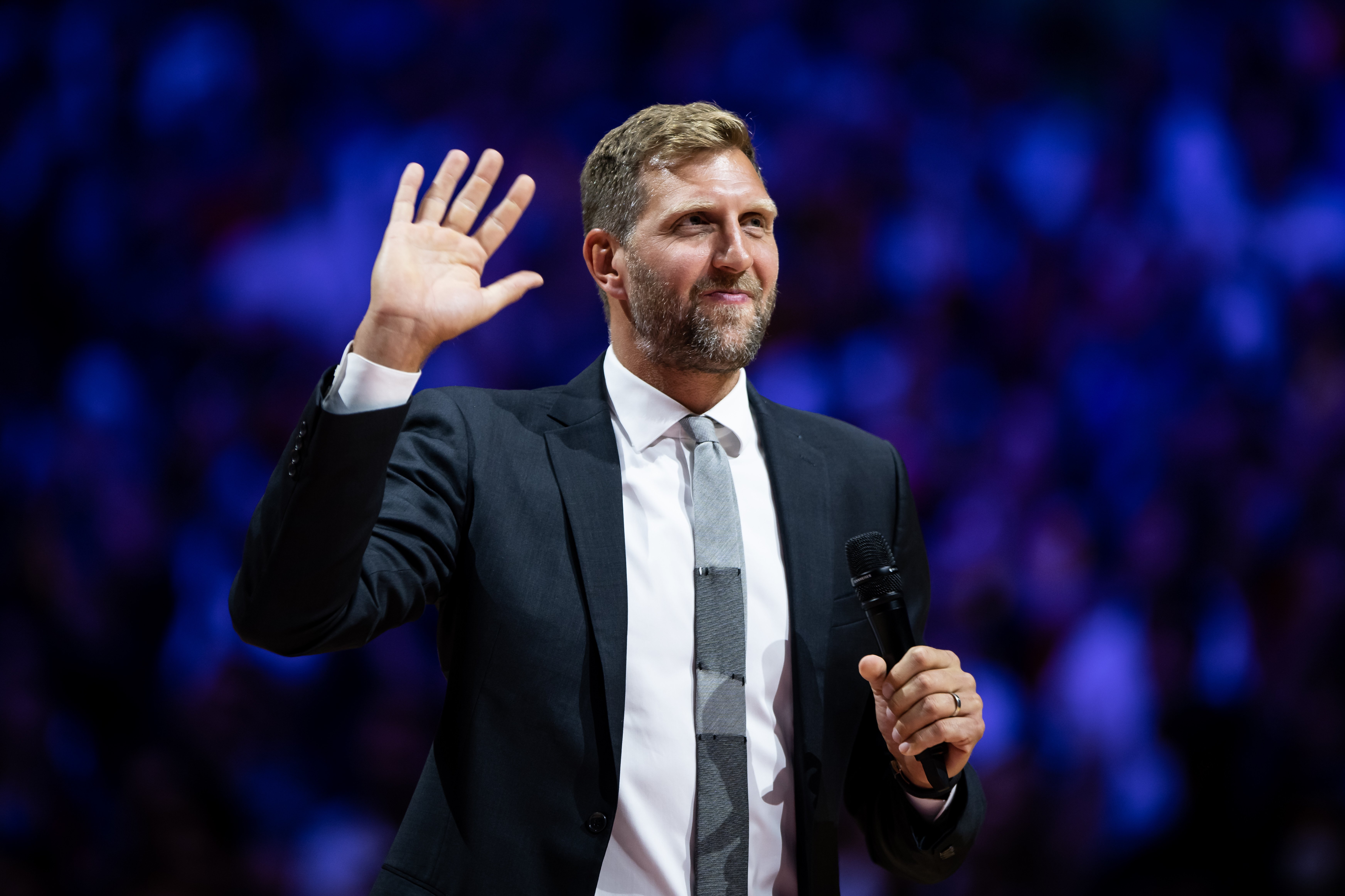 Dirk Nowitzki is pictured as he speaks during his jersey retirement prior to the FIBA EuroBasket 2022 group B match between France and Germany at Lanxess Arena on September 1, 2022, in Cologne, Germany | Source: Getty Images