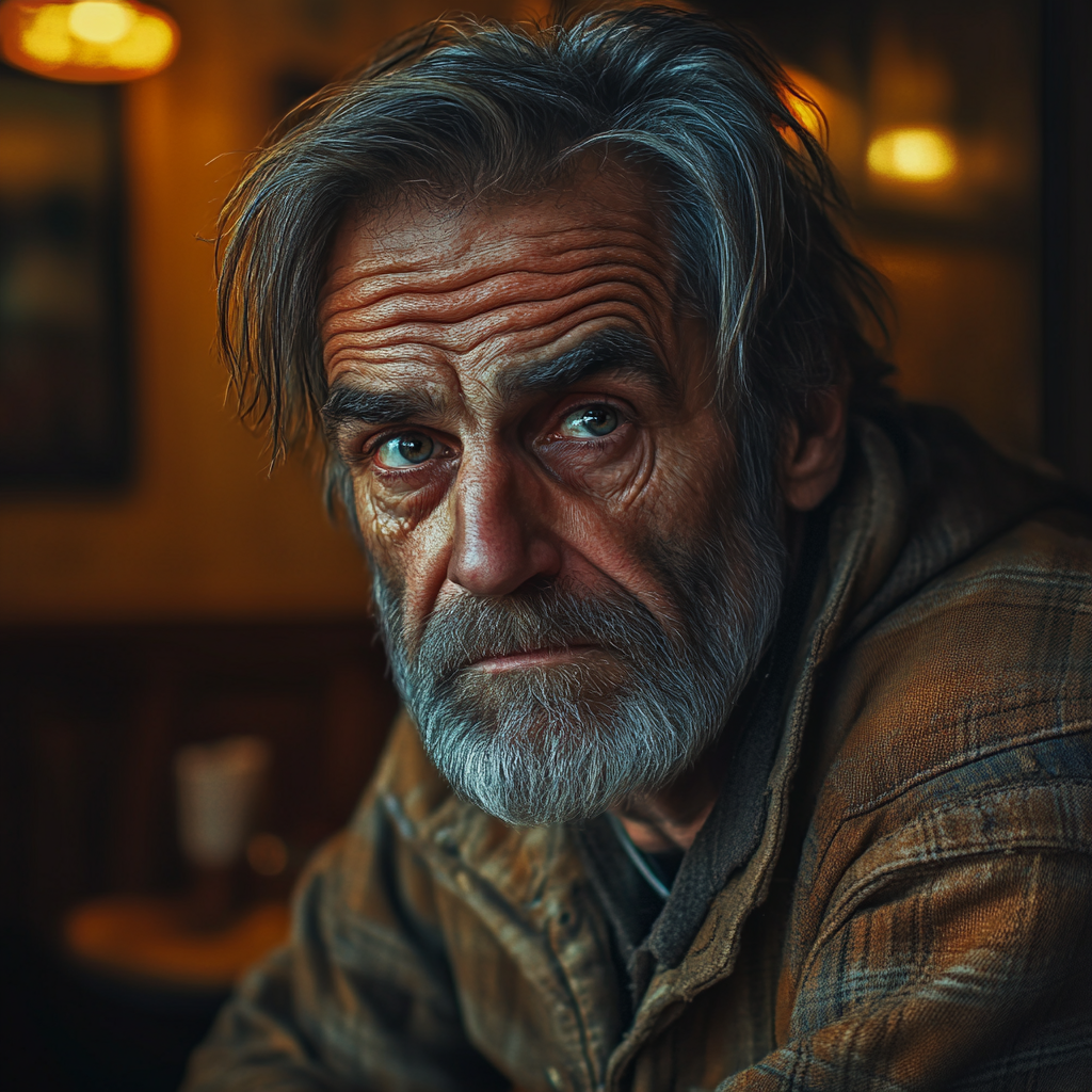 A sad older man in a coffee shop | Source: Midjourney