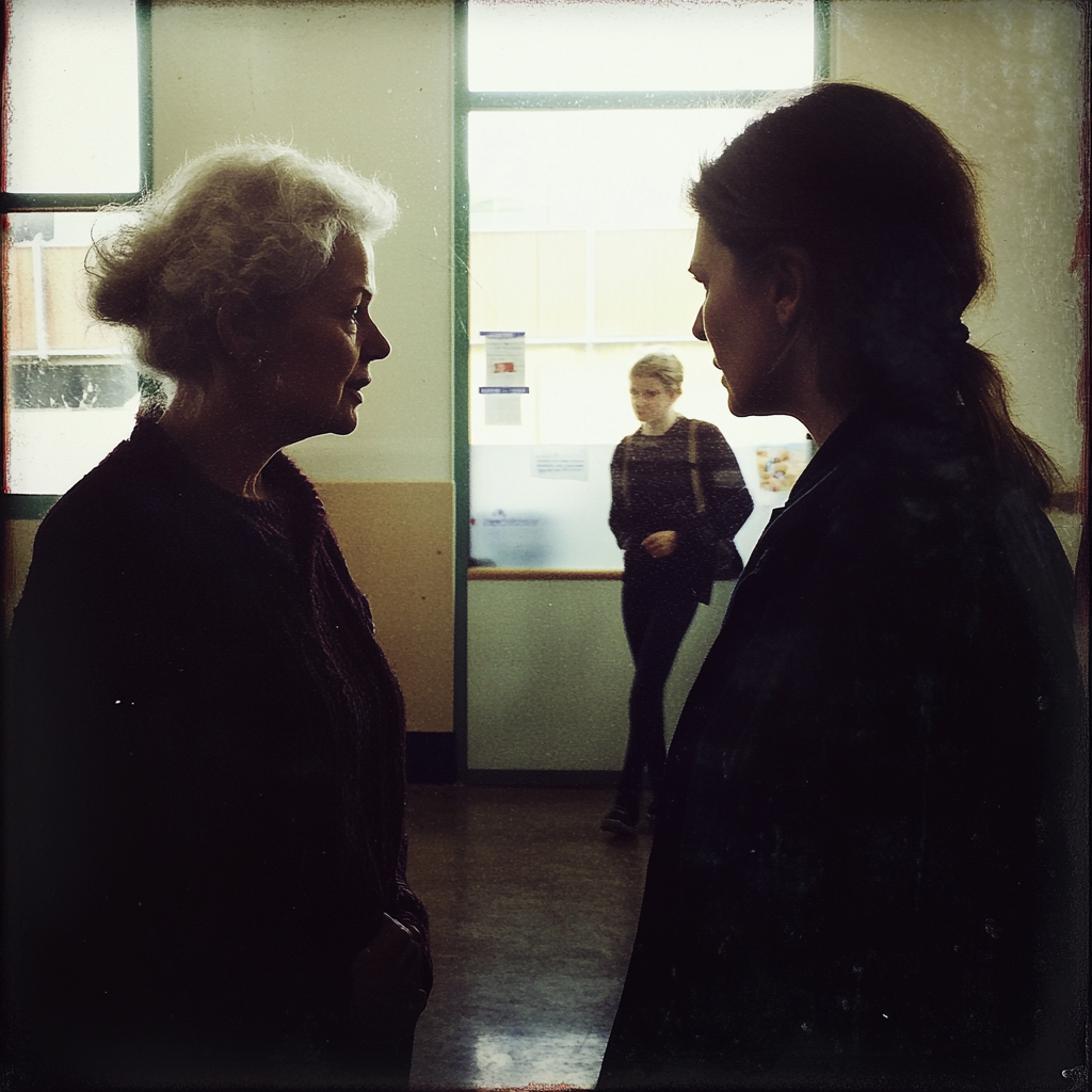 A woman speaking to a teacher in a hallway | Source: Midjourney