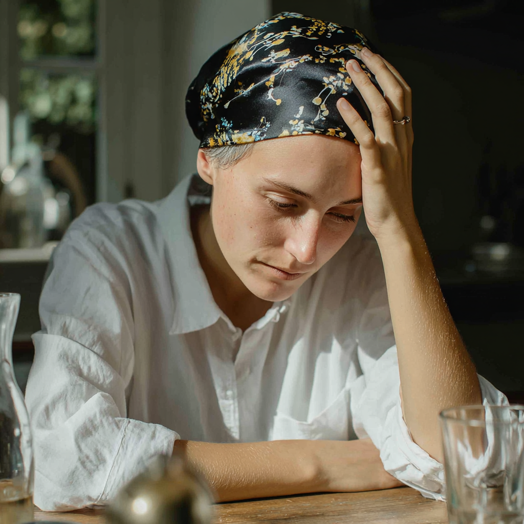 An emotional woman sitting at a table | Source: Midjourney