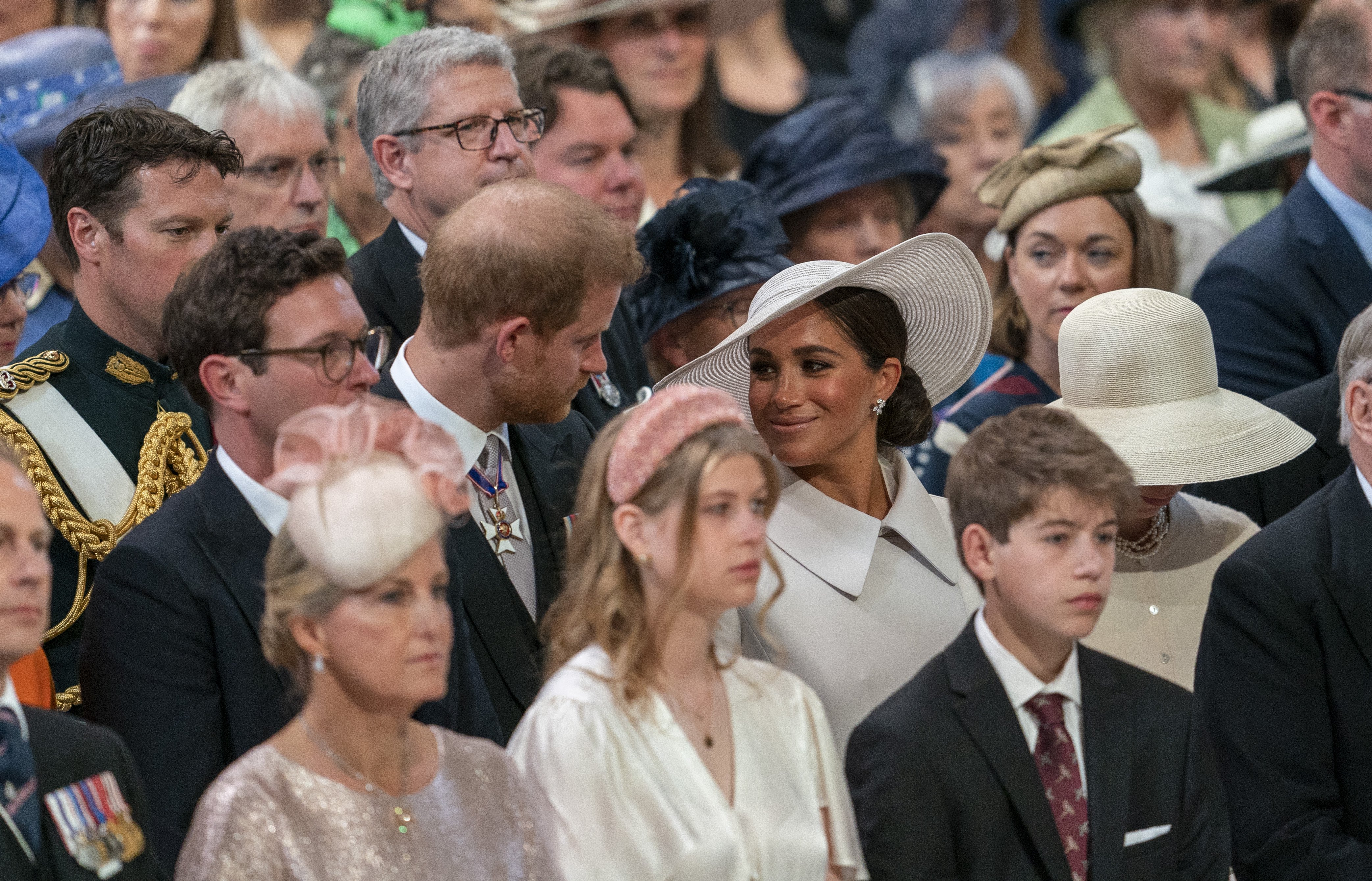 Prince Harry and Duchess Meghan at the Service of Thanksgiving for the Queen, on June 3, 2022, in London, England. | Source: Getty Images