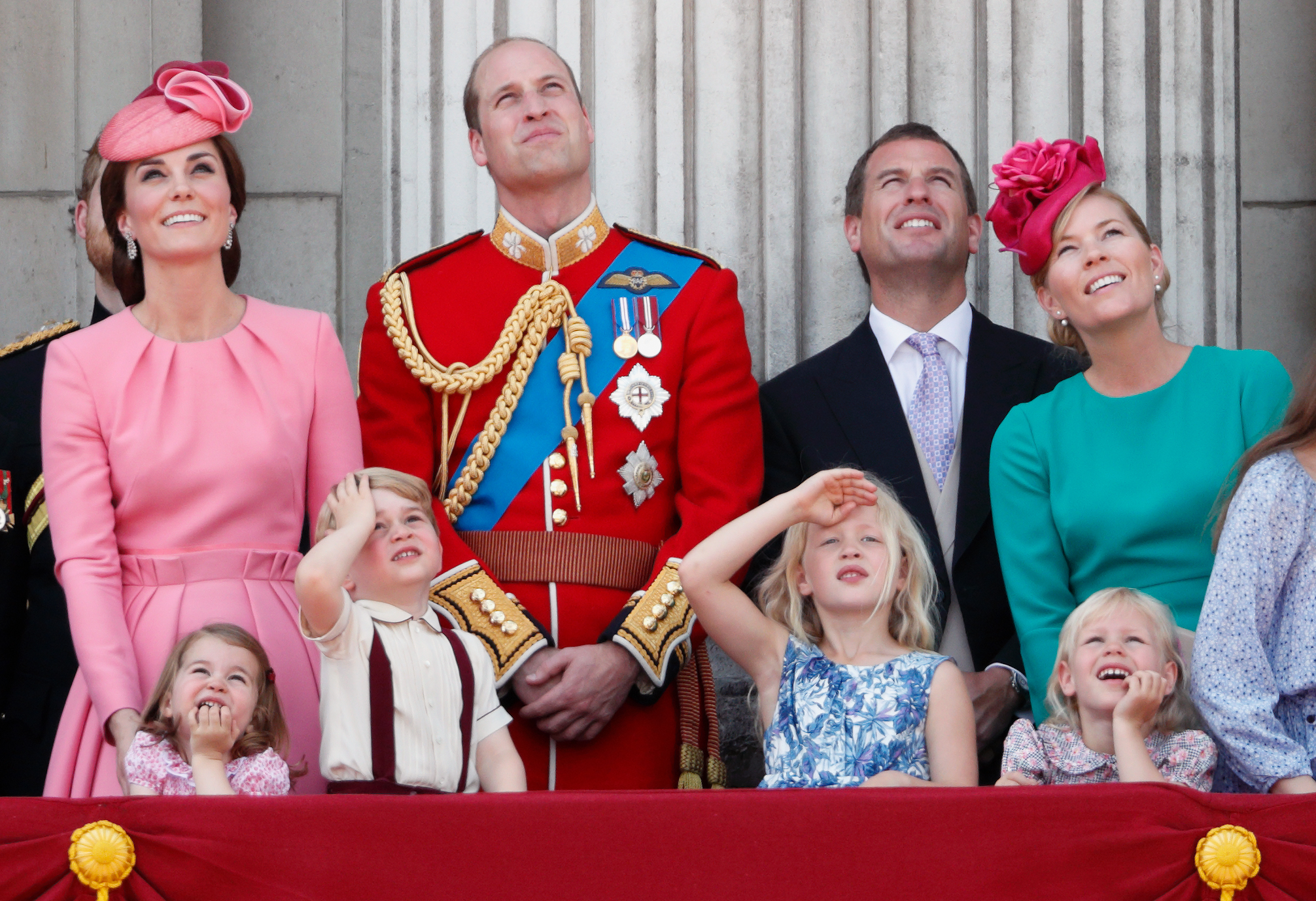 Princess Catherine, Prince William, Peter Phillips, and Autumn Kelly with their children Princess Charlotte, Prince George, and Savannah and Isla Phillips during the Trooping the Colour Parade on June 17, 2017 in London | Source: Getty Images