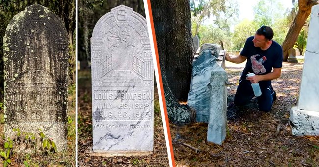 [Left] The before and after shots of Lumish's work. [Right] Lumish cleaning and restoring a tombstone. | Photo: youtube.com/Great Big Story | instagram.com/thegoodcemeterian