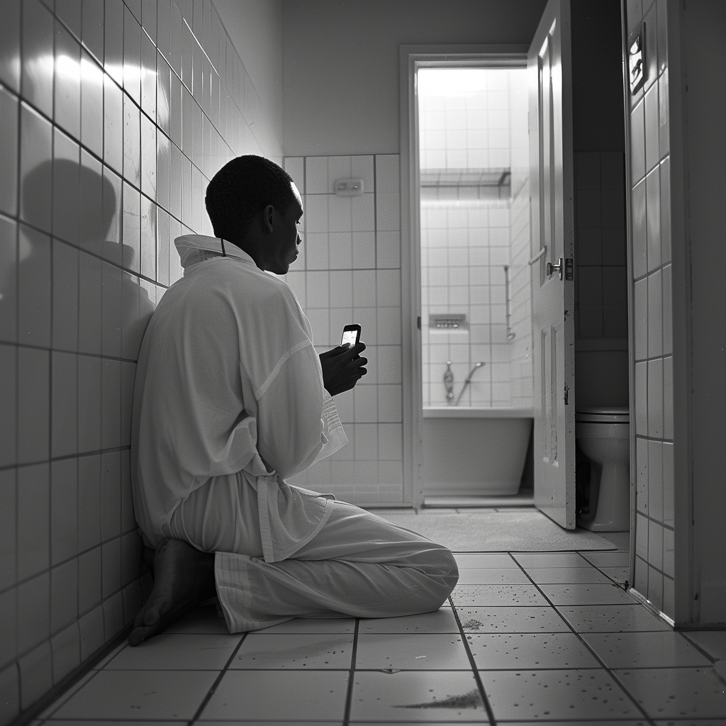 A man recording himself with his phone while kneeling in the bathroom | Source: Midjourney