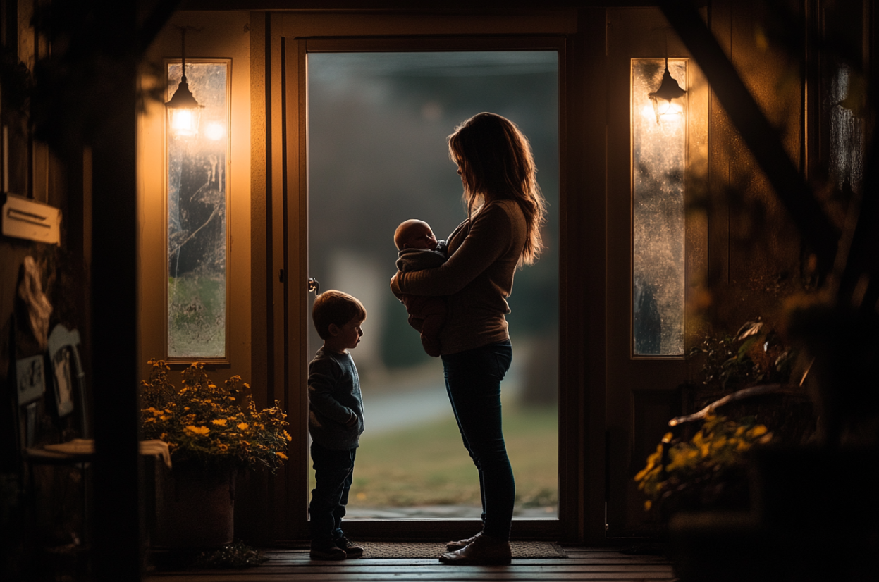 A woman standing in a doorway with two kids | Source: Midjourney