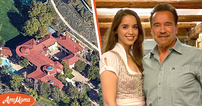Arnold Schwarzenegger's mansion in California [left]. Schwarzenegger's and his daughter Christina in July 2020 [right] | Photo: Google Maps - Instagram/schwarzenegger