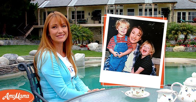 (L) Actress Jane Seymour enjoys tea in her garden at her home overlooking the Pacific ocean on June 12, 2002 in Malibu, California. (R) Jane Seymour and her young twin boys John and Kristopher | Photo: Getty Images and Instagram/@janeseymour