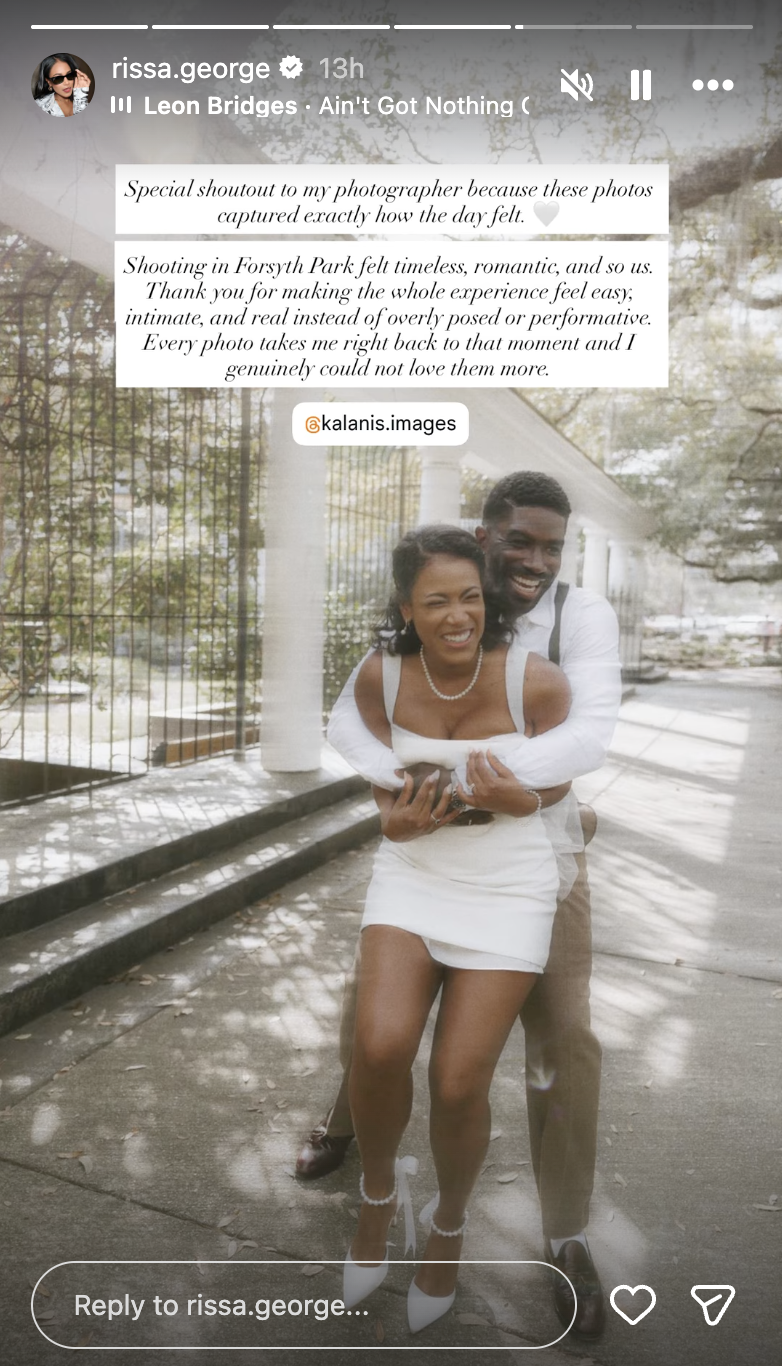 Marissa George shared a romantic photo from Forsyth Park showing her husband wrapping his arms around her as the couple laughed together during their intimate wedding shoot. | Source: Instagram/rissa.george