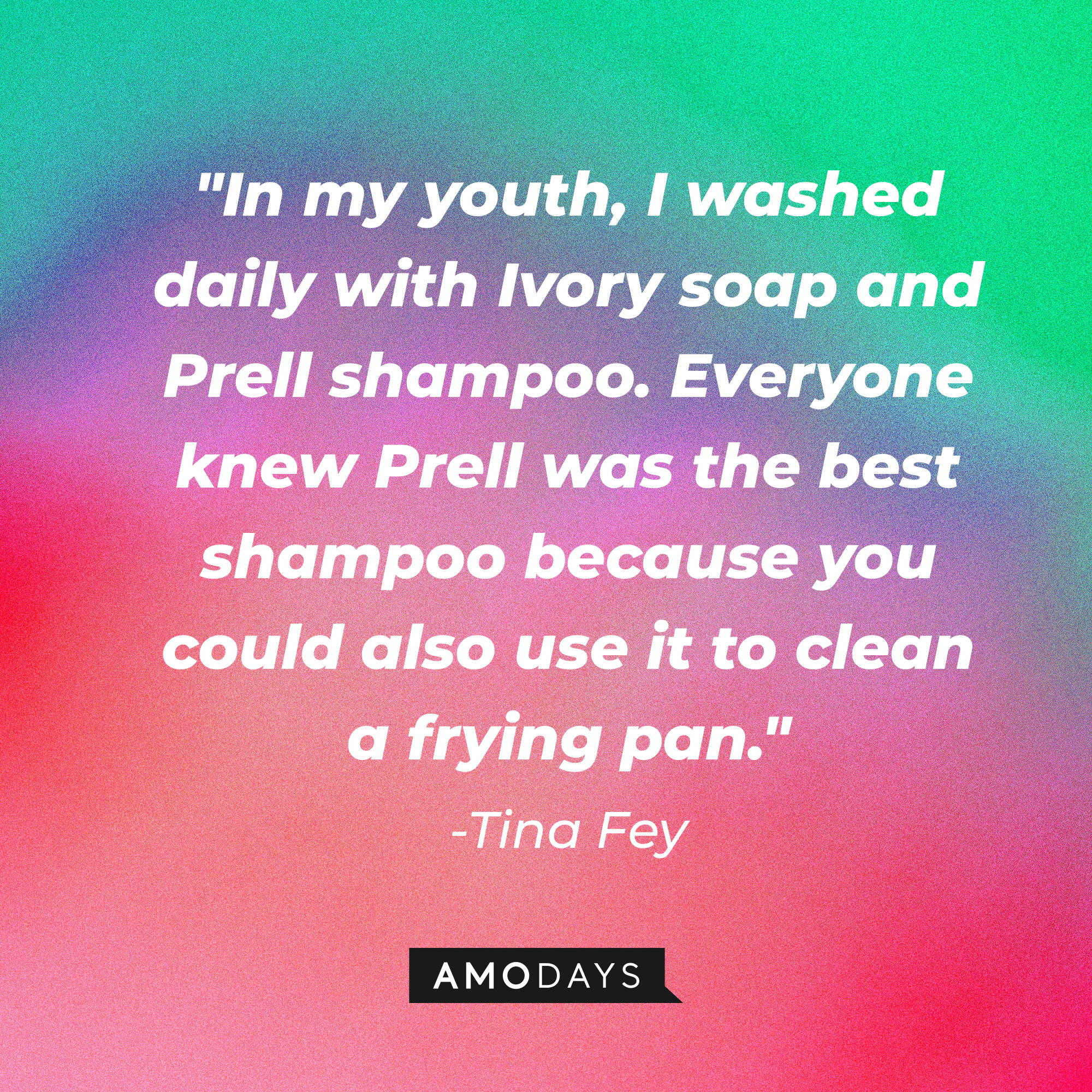 Tina Fey's quote: "In my youth, I washed daily with Ivory soap and Prell shampoo. Everyone knew Prell was the best shampoo because you could also use it to clean a frying pan."  | Source: AmoDays