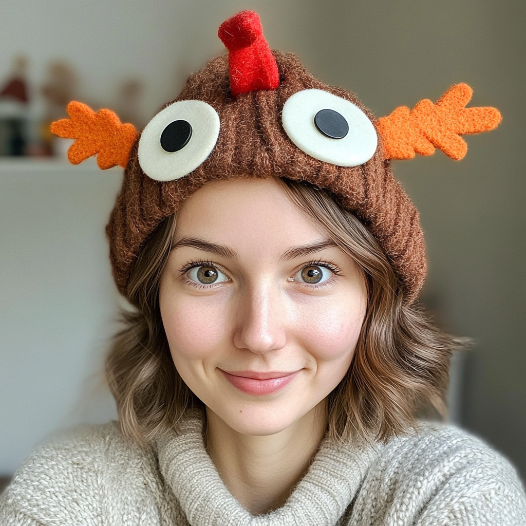 A woman wearing a turkey hat | Source: Midjourney