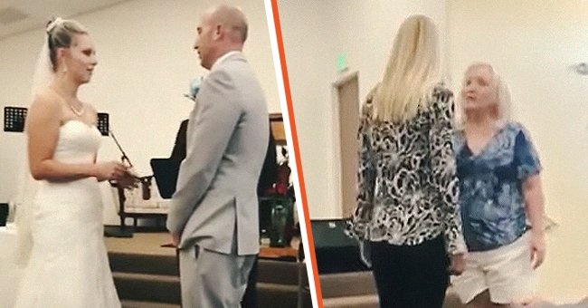 A bride and groom say their vows [left]; A woman tries to calm down the groom's mother [right] | Photo: youtube.com/JP Today News
