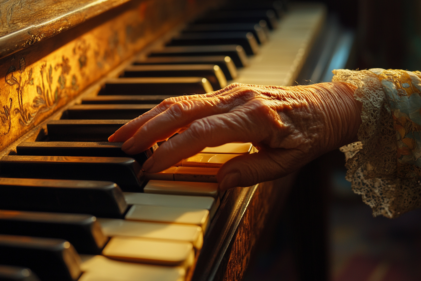 An older lady touching a classic piano | Source: Midjourney