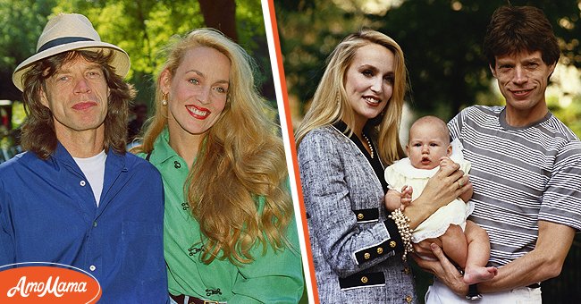 [Left] Mick Jagger and Jerry Hall in Chiswick Park on 26th June 1993 in London; [Right] Mick Jagger and Jerry Hall with their daughter Elisabeth Jagger, circa 1984. | Source: Getty Images