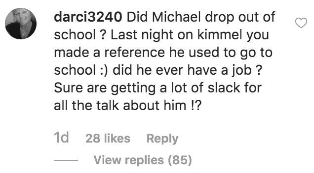 Under a photo of Kelly Ripa and her son, Michael Consuelos, a commenter questions Kelly Ripa's about the joke she made on "Jimmy Kimmel Live!" about his college experience | Source: instagram.com/kellyripa