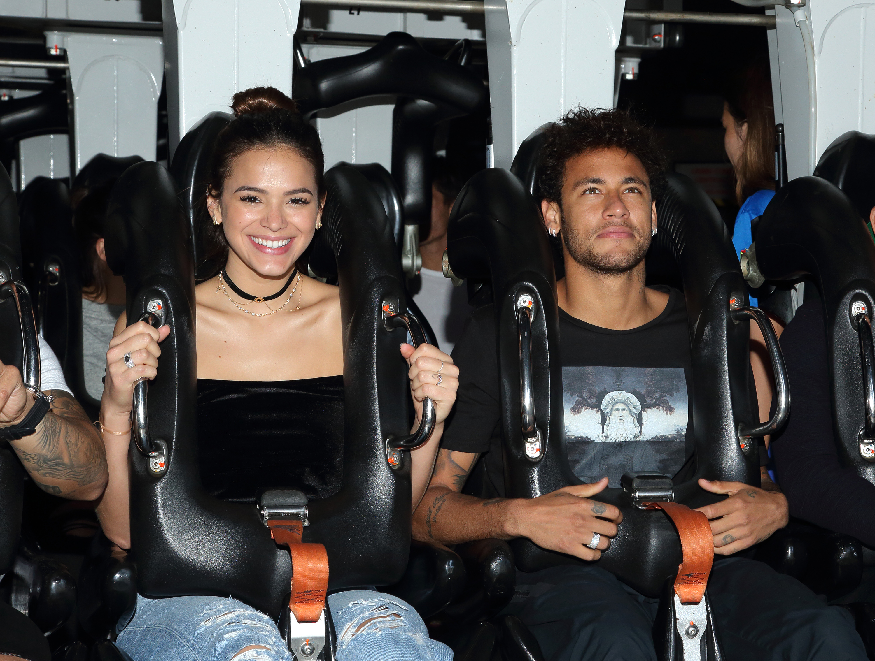 Bruna Marquezine  and Neymar Jr. are pictured during their ride on Batman at Six Flags Magic Mountain on June 8, 2017, in Valencia, California | Source: Getty Images