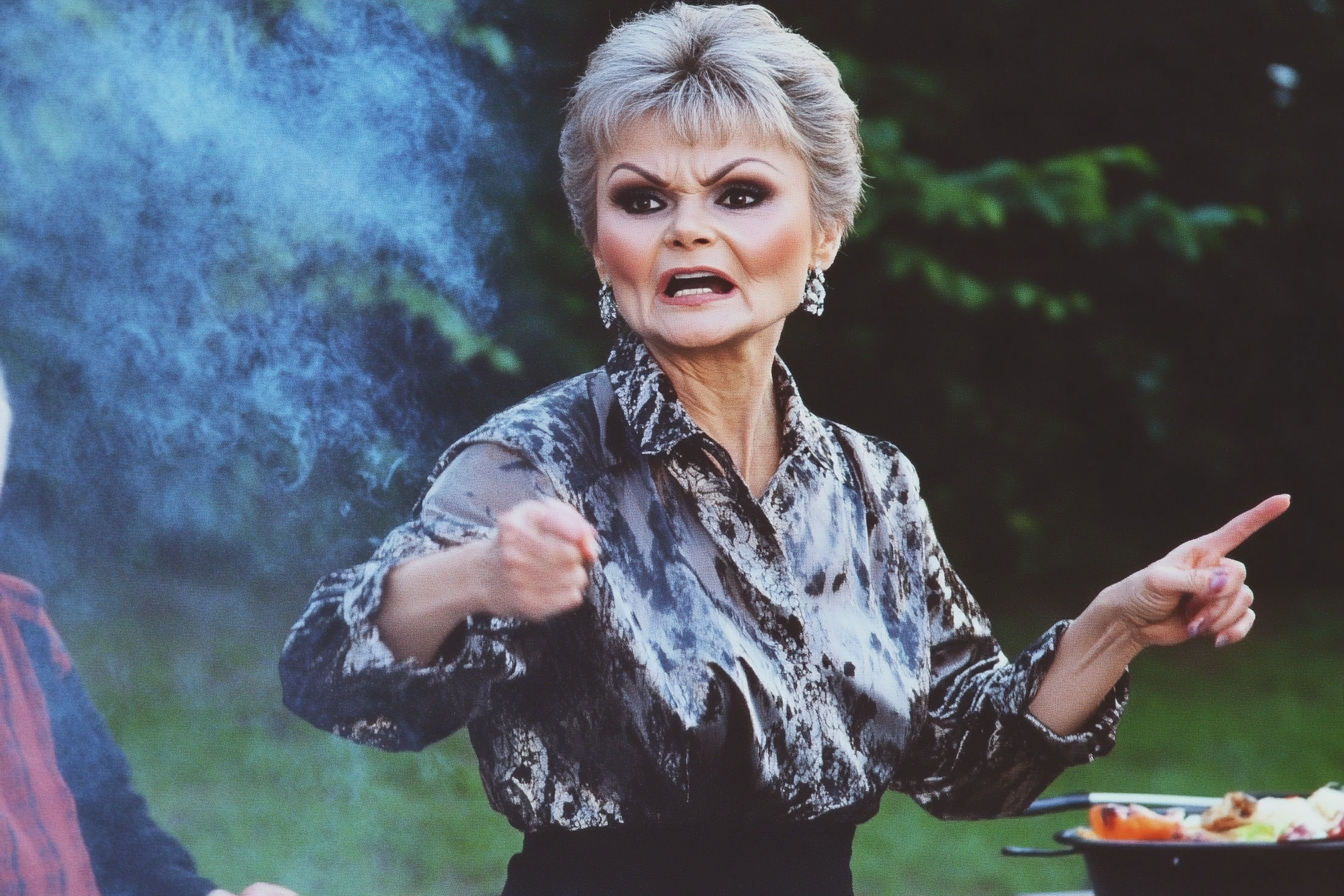 A middle-aged woman looking upset and acussing at a barbecue | Source: Midjourney