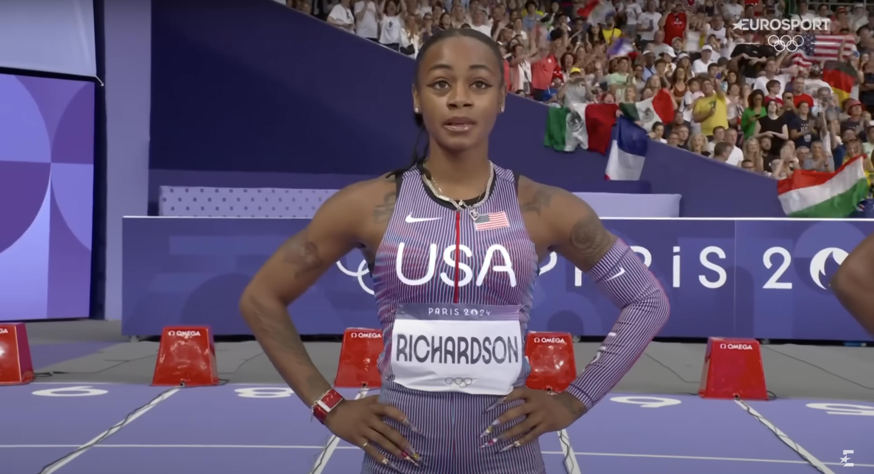 Sha'Carri Richardson during the women's 100m semifinals, posted on August 3, 2024 | Source: YouTube/Eurosport