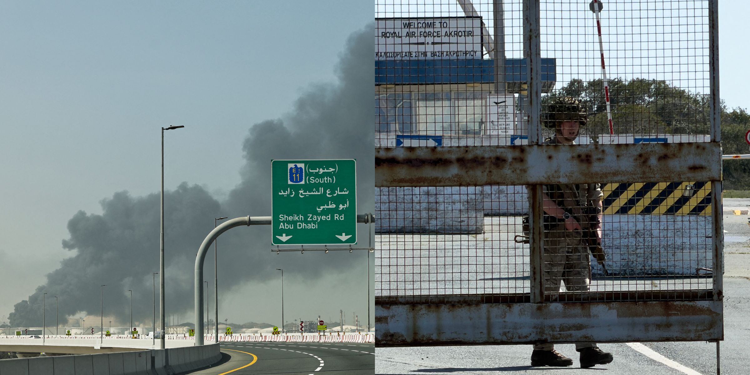 A plume of smoke rises from the port of Jebel Ali following a reported Iranian strike in Dubai |A British soldier mans a gate at RAF Akrotiri base following two reported drone attacks near Limassol | Source: Getty Images