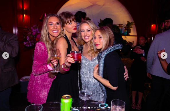 Lyndsay Bell, Taylor Swift, Brittany Mahomes, and Ashley Avignone posing for a picture at the party, posted on December 19, 2024 | Source: Instagram/ashavignone