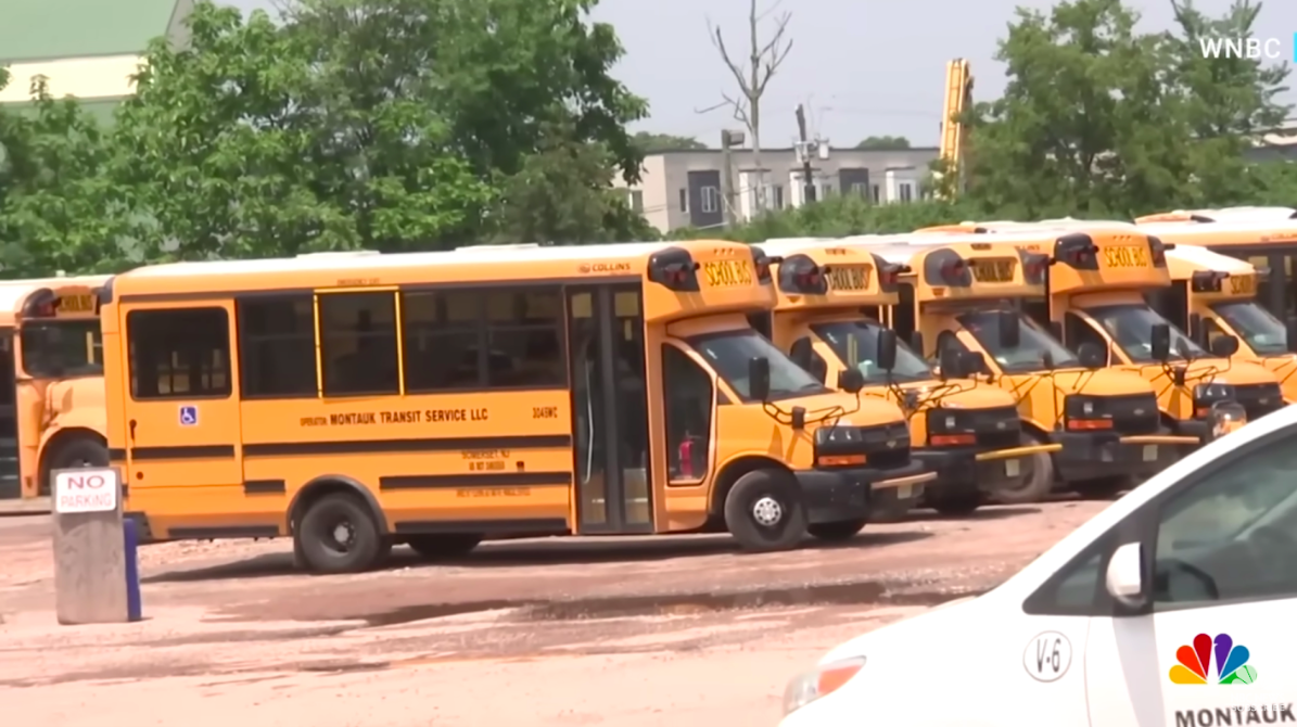 A screenshot of the yellow school buses operating under Montauk Transit posted on July 21, 2023 | Source: YouTube/NBC News