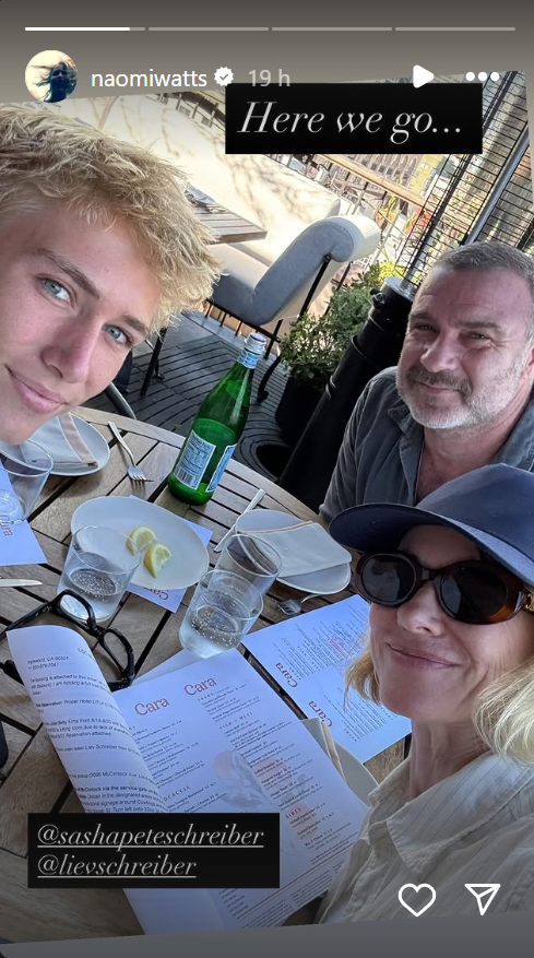 Naomi Watts, Liev, and Sasha Schreiber enjoy a meal together, from a post dated August 19, 2025 | Source: Instagram Story/naomiwatts