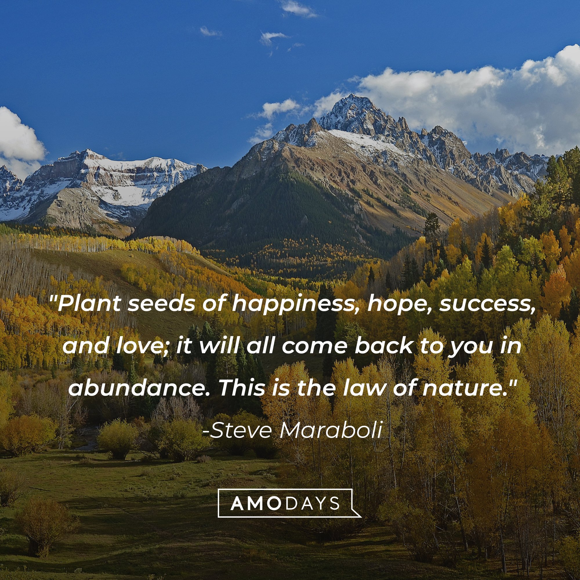 Steve Maraboli's quote: "Plant seeds of happiness, hope, success, and love; it will all come back to you in abundance. This is the law of nature." | Image: AmoDays