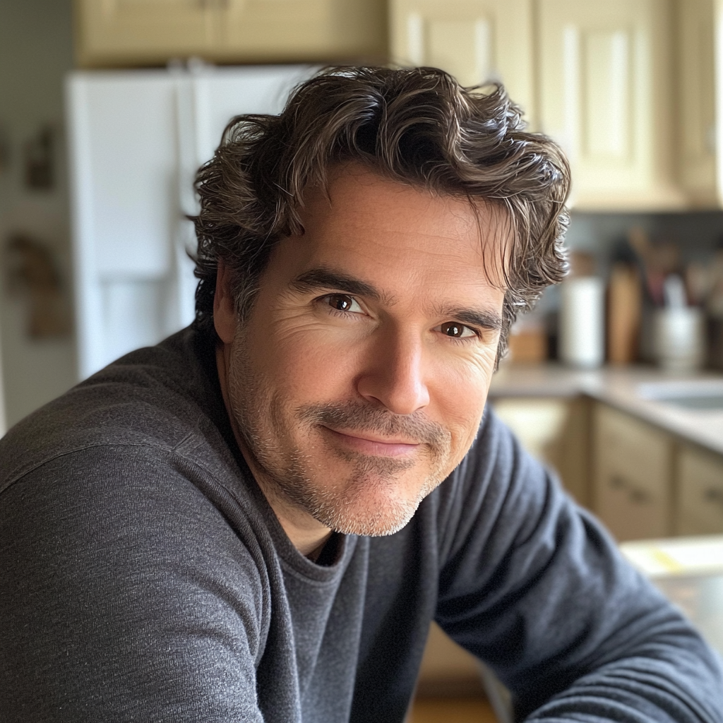 A man with an awkward smile sitting in a kitchen | Source: Midjourney