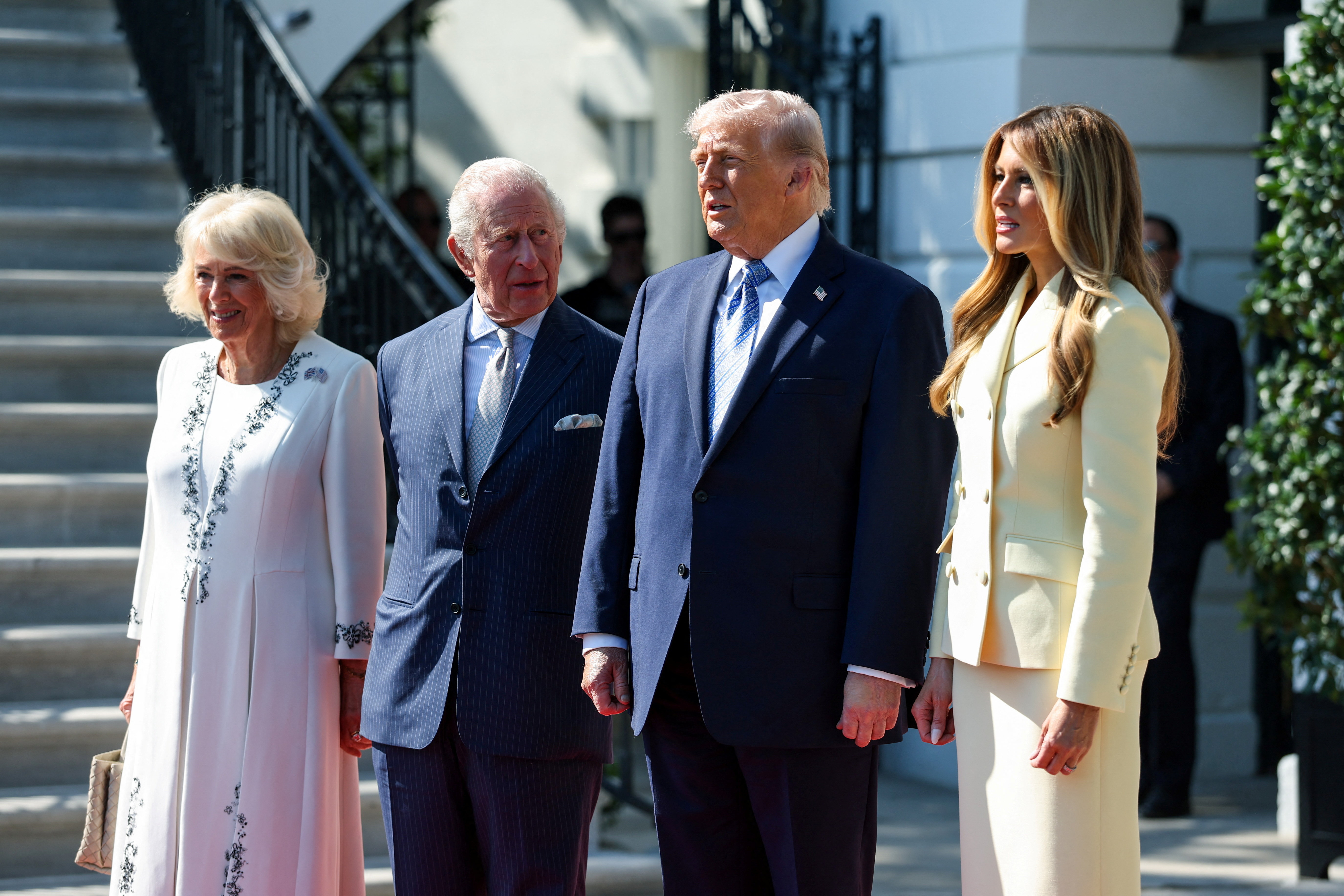 King Charles, Queen Camilla, Donald, and Melania Trump pose on the South Lawn of the White House on April 27, 2026 | Source: Getty Images