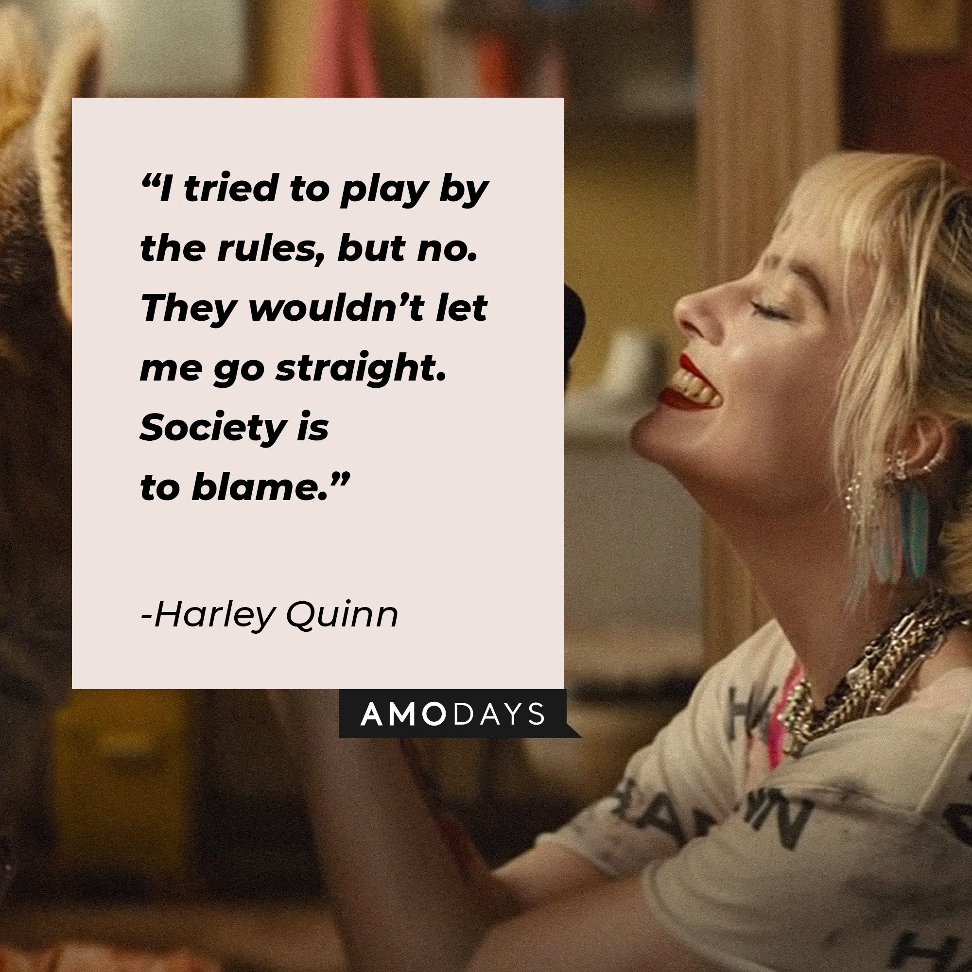 Harley Quinn’s quote: “I tried to play by the rules, but no. They wouldn’t let me go straight. Society is to blame.” | Source: Image: AmoDays